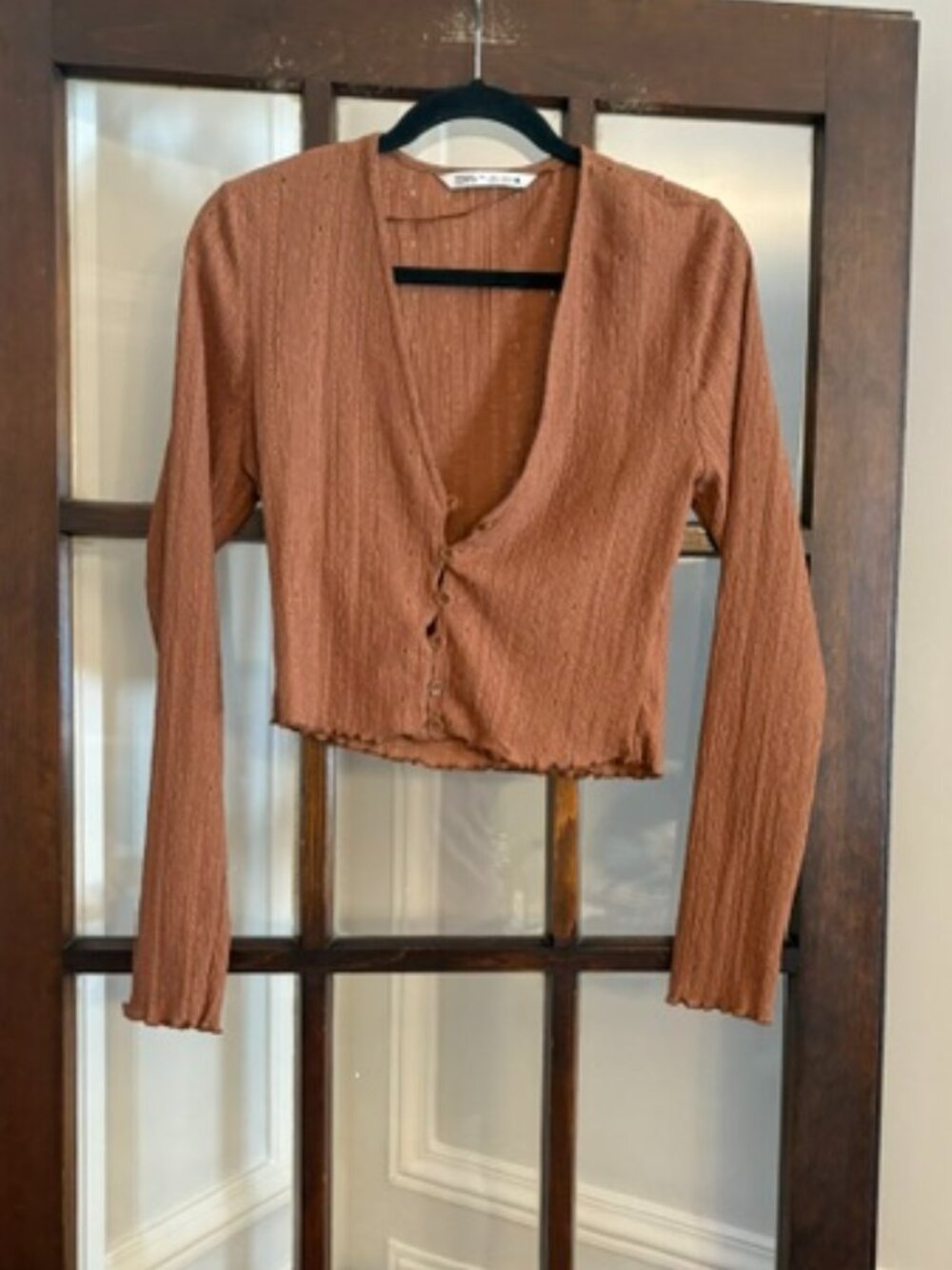 Zara Brown Pointelle Cropped Cardigan, Size Large